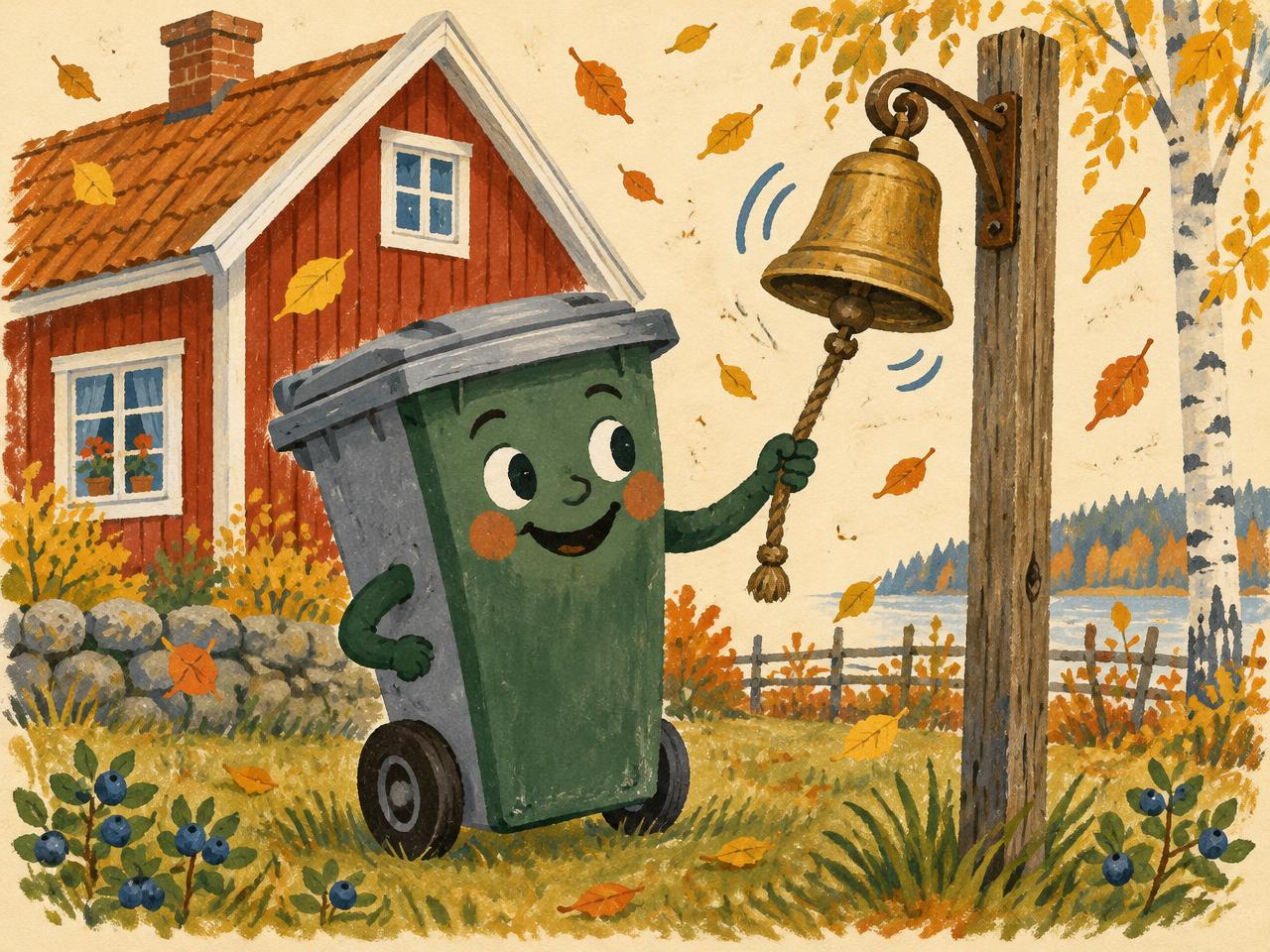 AI-illustration av en soptunna som ringer i en larmklocka vid ett rödmålat hus